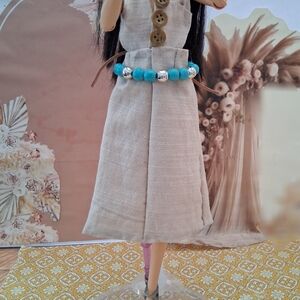Beige Buttoned Dress with Turquoise Beaded Belt For 11.5 Inch Doll